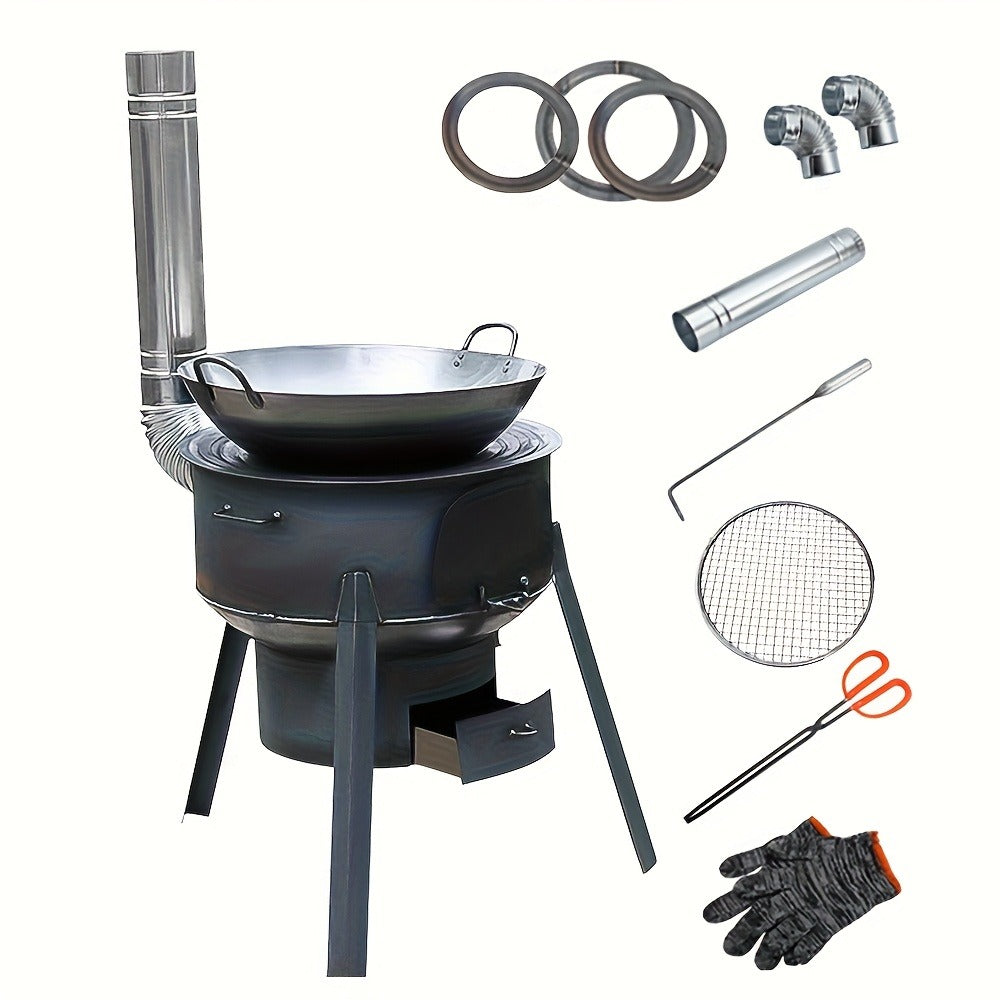 Round Wood-Burning Camp Stove Set with Chimney Pipe, Tripod Legs and 13.78- or 16.93-Inch Diameter Options — image 4