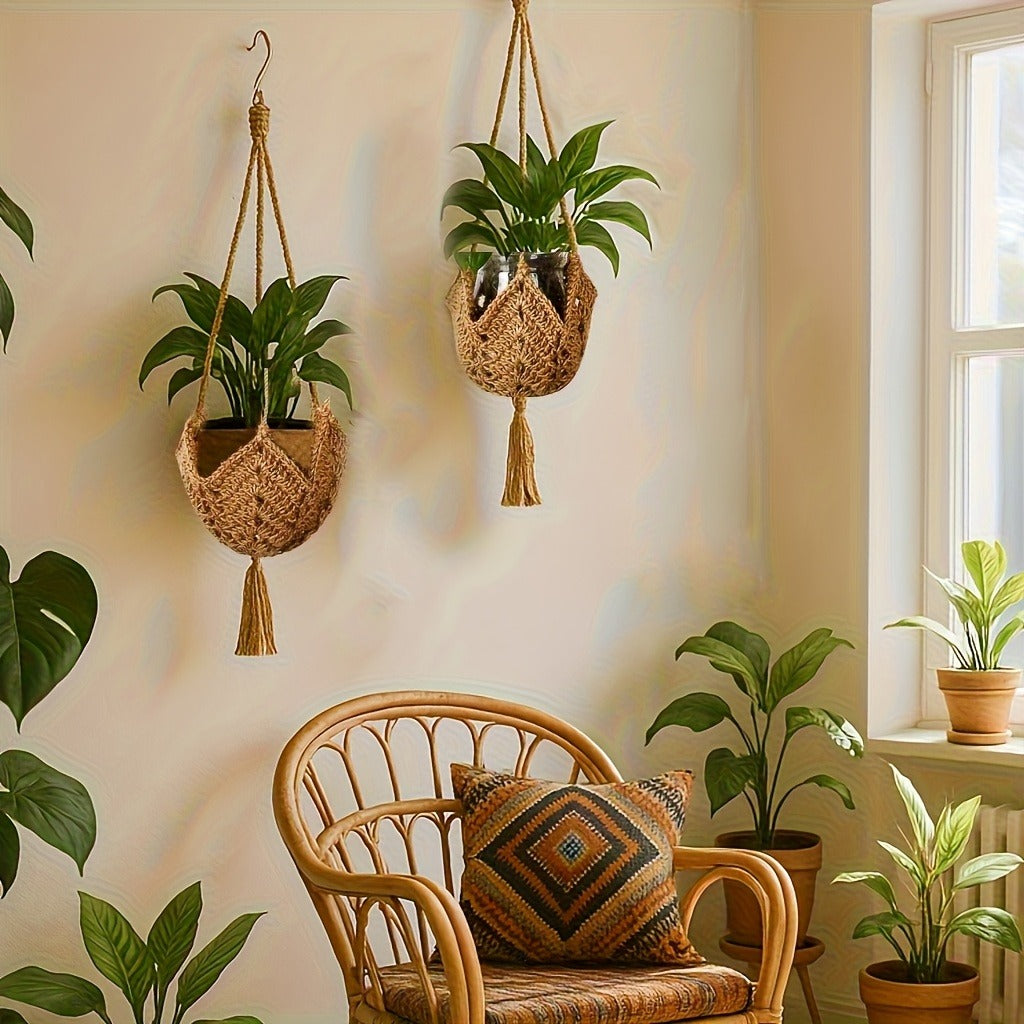 Macrame Plant Hanger with Tassels, Bohemian Cotton Rope Crochet Wall Basket, Indoor Outdoor Hanging Planter with Hooks, Boho 