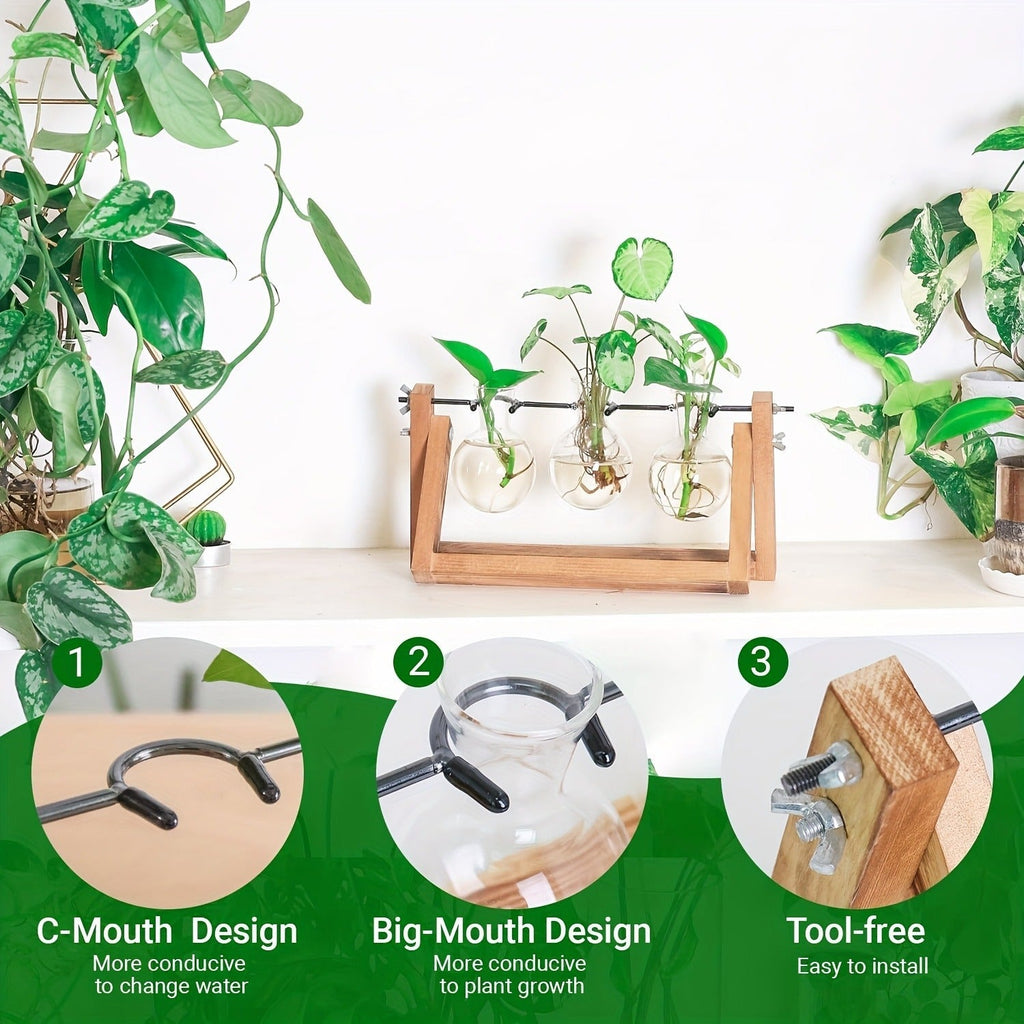Propagation Station 3 Bulb Glass Vase with Wooden Stand – Hydroponic Plant Terrarium for Home Office Desk Decor — image 3