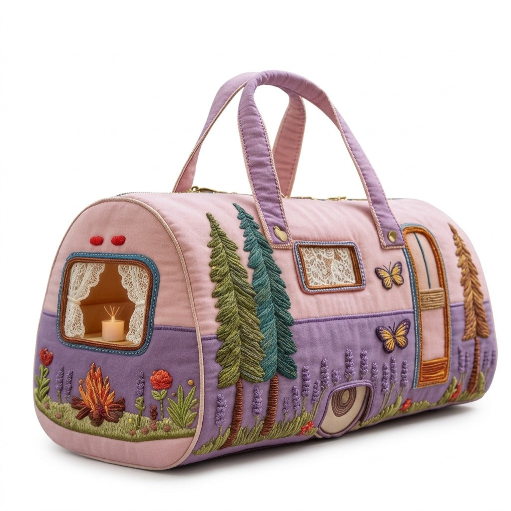 Camper Motif Quilted Travel Tote Bag with Zippered Top, Lavender Handles and 16 x 8 x 8-Inch Checkout Size — image 1