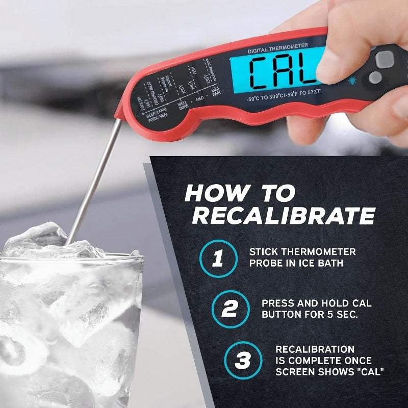 Red and Black Folding Digital Food Thermometer with Backlit Display, Calibration Mode, Unit Switch and Hanging Loop — image 2