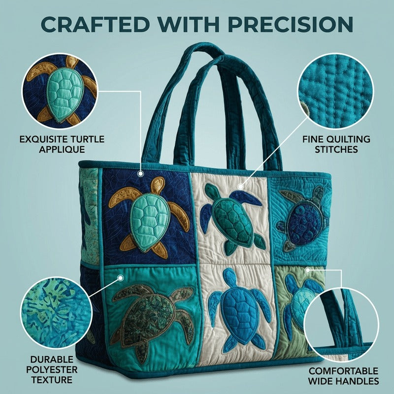 Sea Turtle Patchwork Tote Bag with Quilted Panels, Teal Handles and 17 x 15.75-Inch Checkout Size — image 3