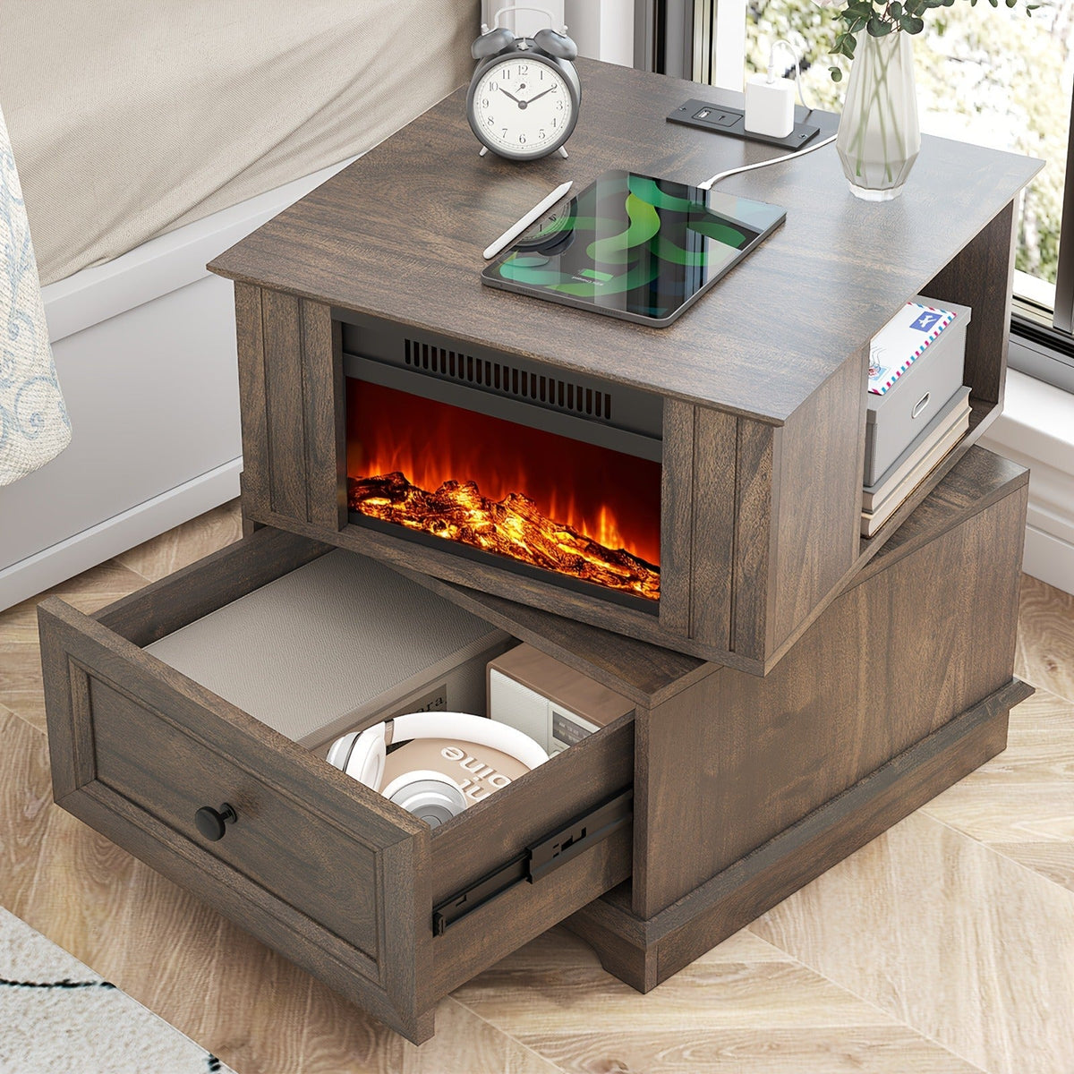 Electric Fireplace End Table Rotating 13-Inch Screen Side Table with Fast Charging Station Storage Shelf for Living Room Bedr