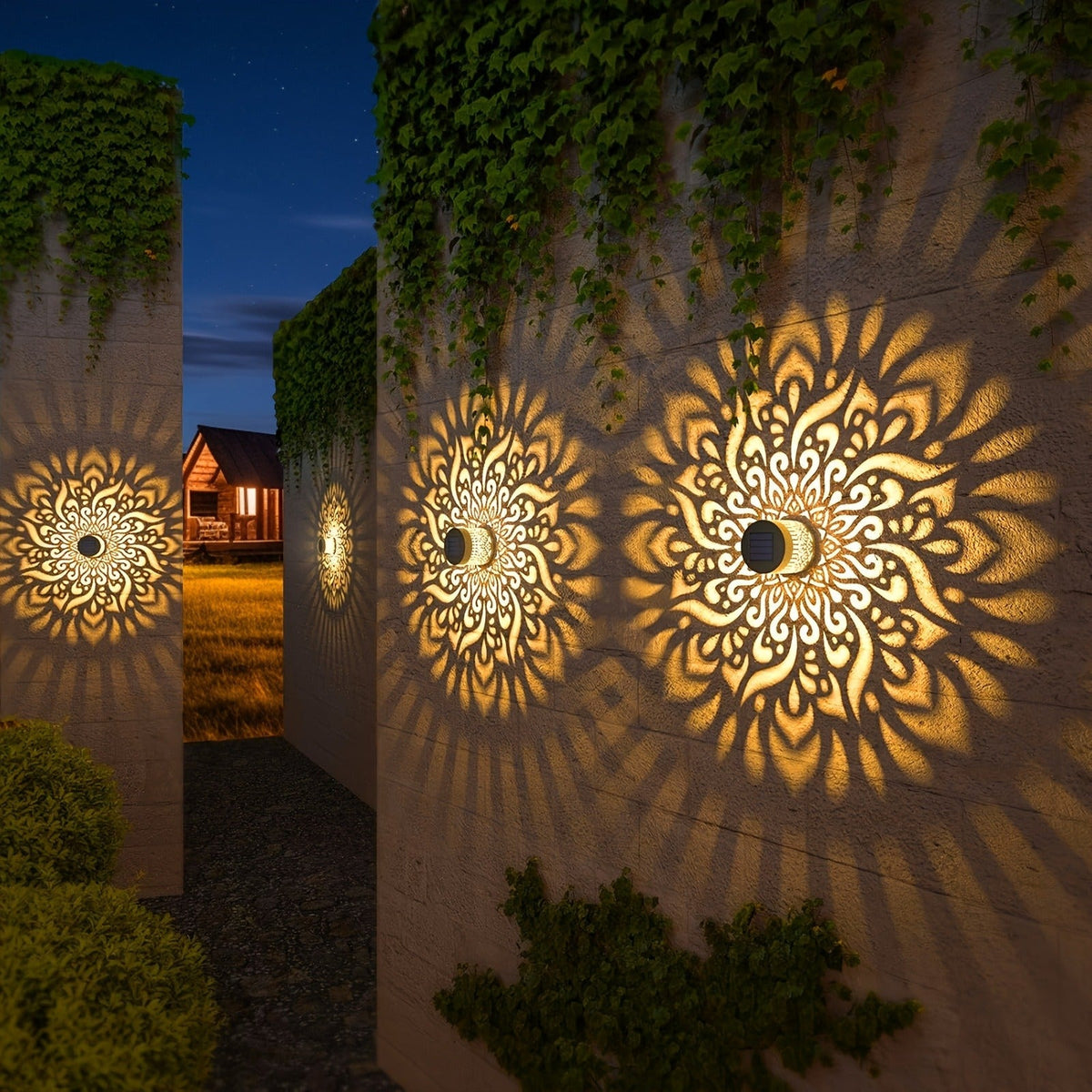 Solar Garden Lights IP65 Mandala Metal Wall Lanterns with Pattern Projection in 1/2/4 Packs for Fence Decor — image 5
