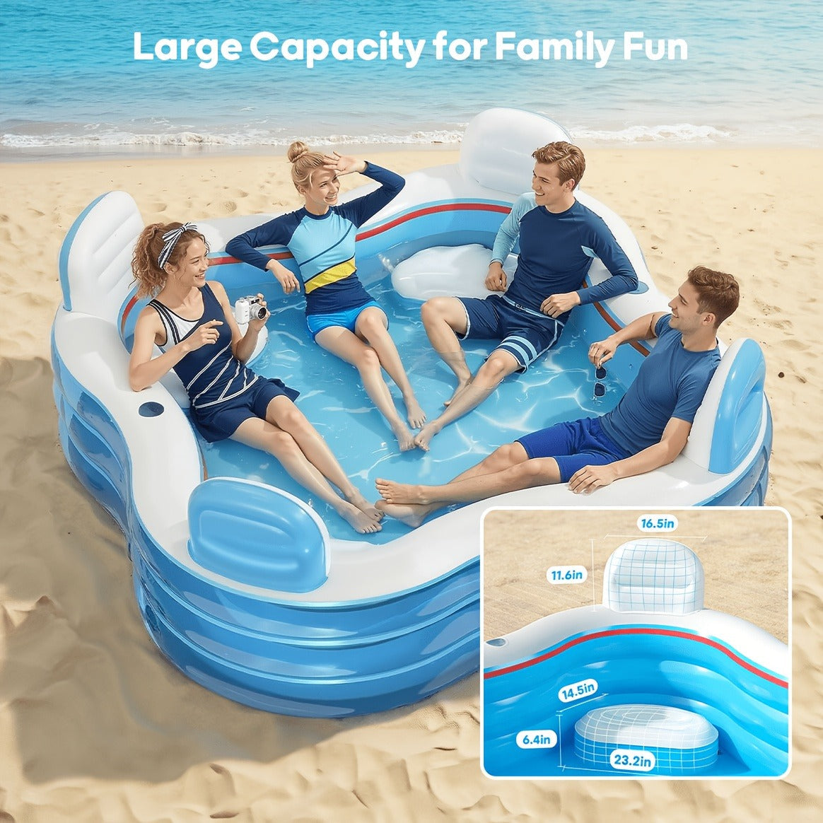 Inflatable Lounge Pool with Backrest 4 Seats 80x80x32 Inch Blow Up Pool for Adults Family Outdoor Garden for Garden, Patio an