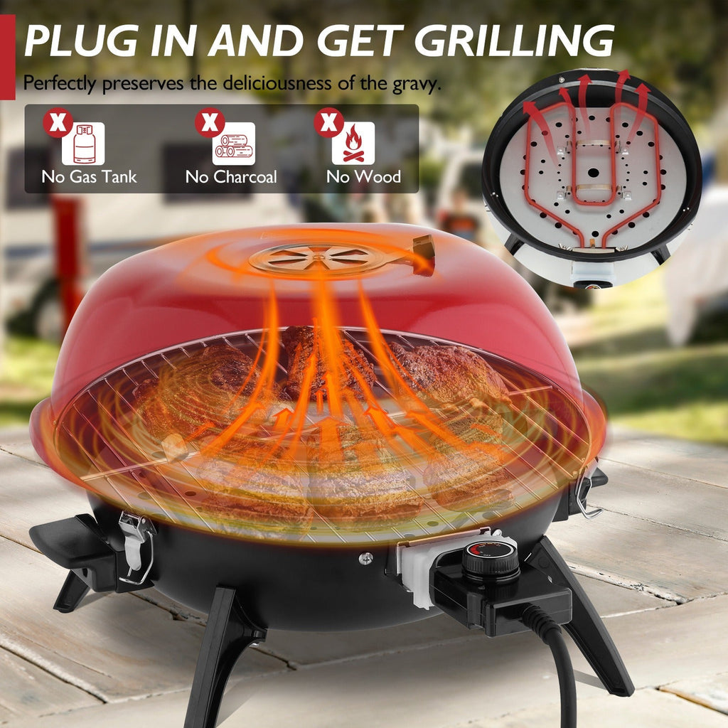 Electric BBQ Grill 1600W Indoor Outdoor Tabletop Grill with Lid Stainless Steel Heating Tube Chrome Grate Cool-Touch Handle —