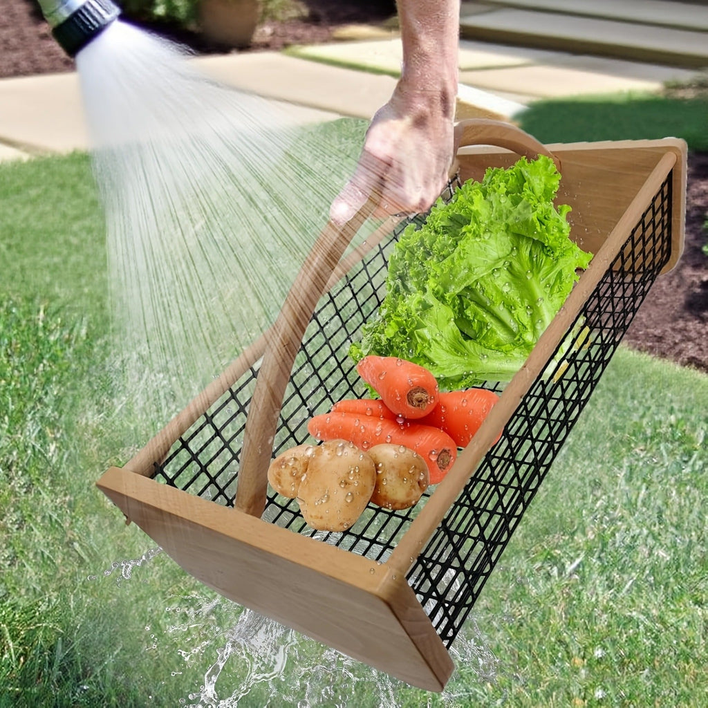 Garden Harvest Basket Metal Mesh with Wooden Handle – Rectangle Vegetable Fruit Picking Basket for Garden, Kitchen & Farmhous