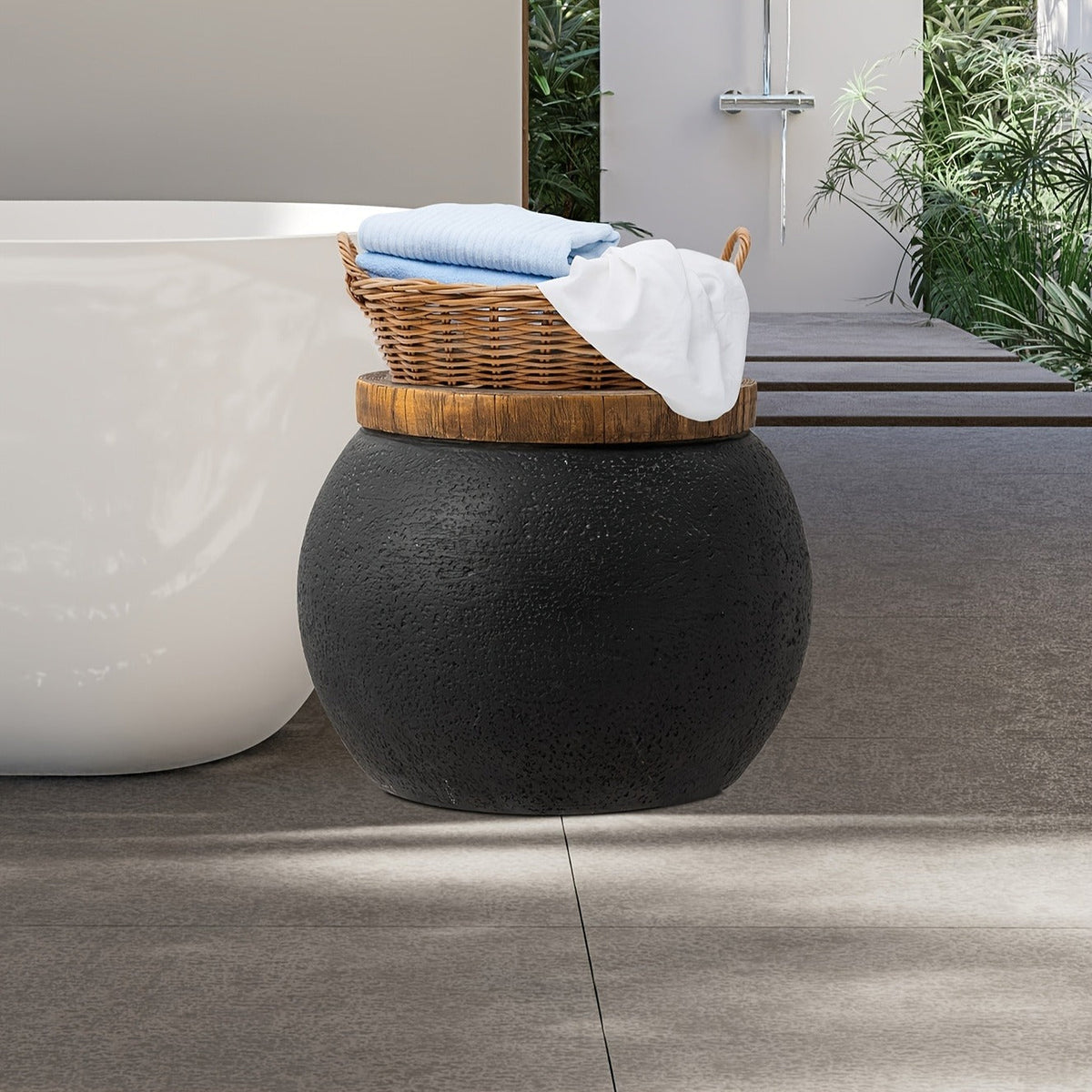Outdoor Side Table 17-Inch Concrete Design with Wood-Look Top in Black, Hourglass and Compact Options — image 2