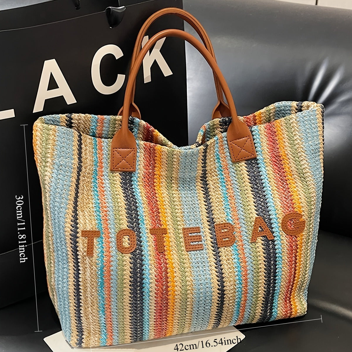 Straw Tote Bag for Women Large Capacity Bohemian Hand-Woven Striped Beach Bag Summer Vacation Shoulder Bag Colorful Letter Pa