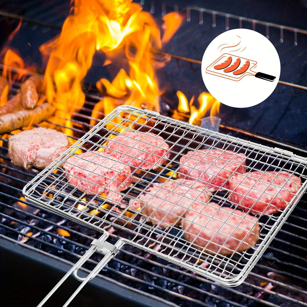 Grill Basket Stainless Steel Folding BBQ Grilling Basket for Fish Chicken Vegetables Shrimp Portable Outdoor Camping Barbecue
