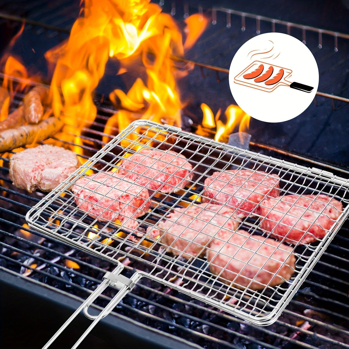 Grill Basket Stainless Steel Folding BBQ Grilling Basket for Fish Chicken Vegetables Shrimp Portable Outdoor Camping Barbecue