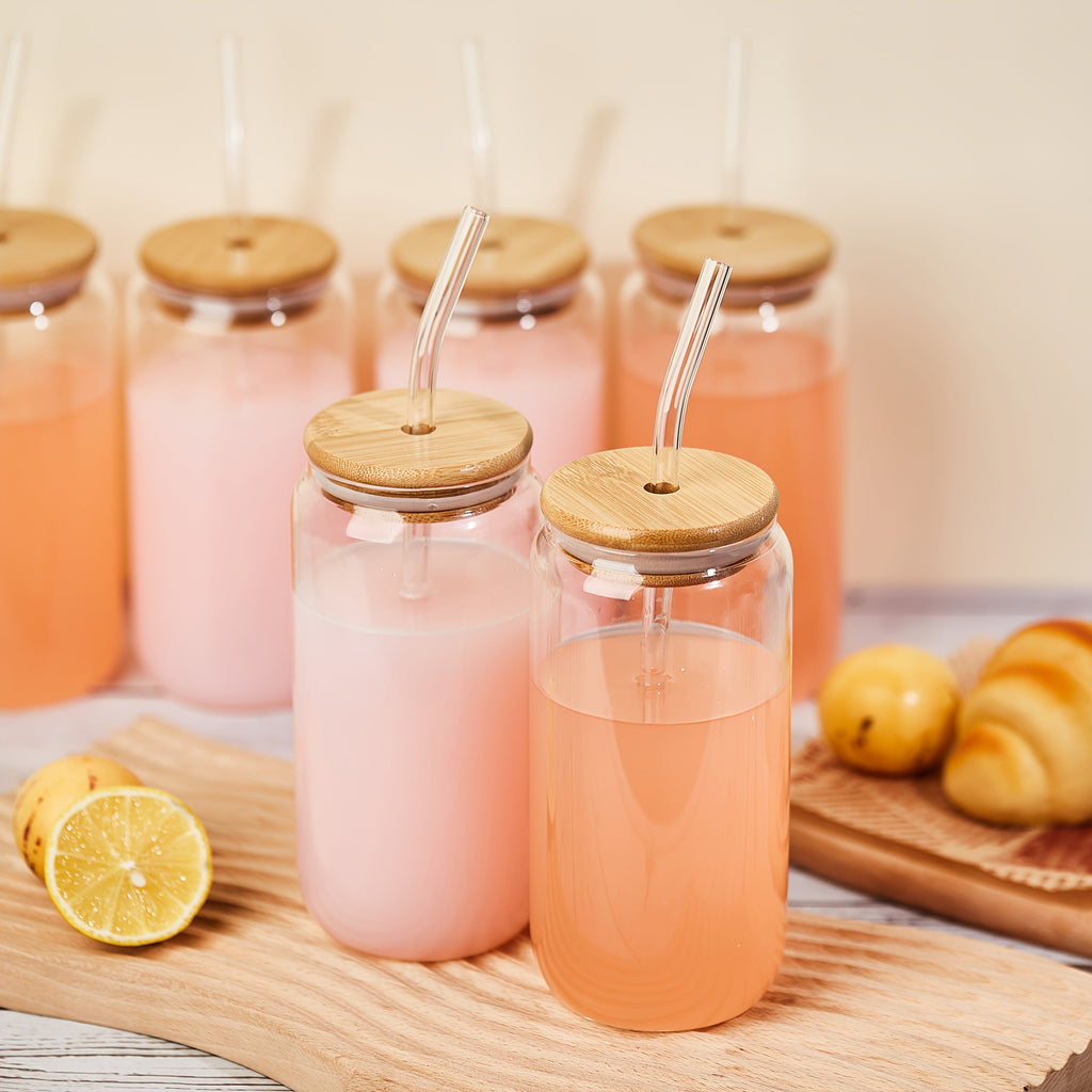 Drinking Glasses Set with Lid and Straw 550ml Oval Glass Cups 4 or 6 Piece, for Home Cooking, Dining and Outdoor Meals — imag