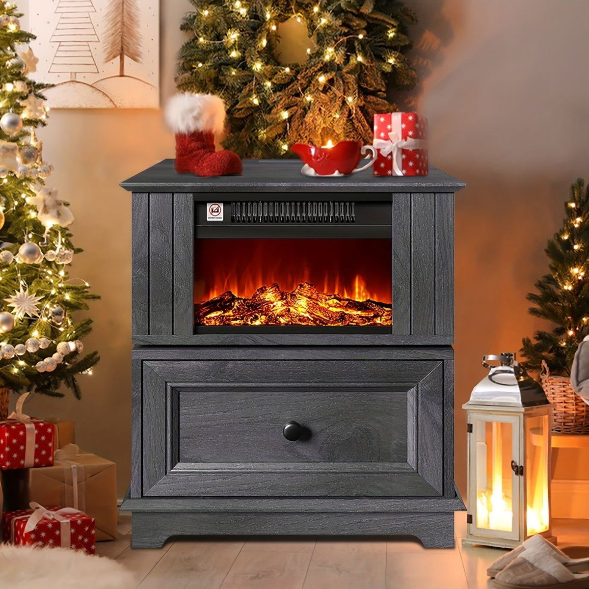 Electric Stove Heater End Table Rotatable Fireplace Side Table 1400W 4800 BTU Indoor Heater with Storage for Garden, Patio an