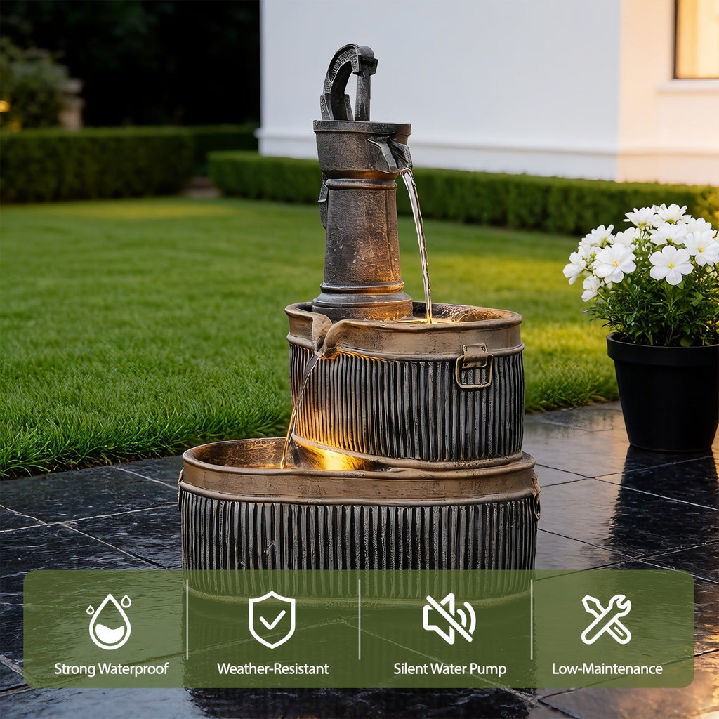 Outdoor Water Fountain 2-Tier Barrel with LED Light & Pump - Rustic Resin Garden Fountain for Patio — image 5