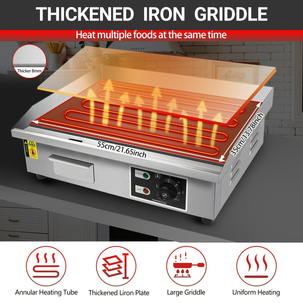 Flat Top Griddle 22 Inch 1600W Electric Countertop Teppanyaki Grill Non-Stick Stainless Steel Commercial for Garden, Patio an