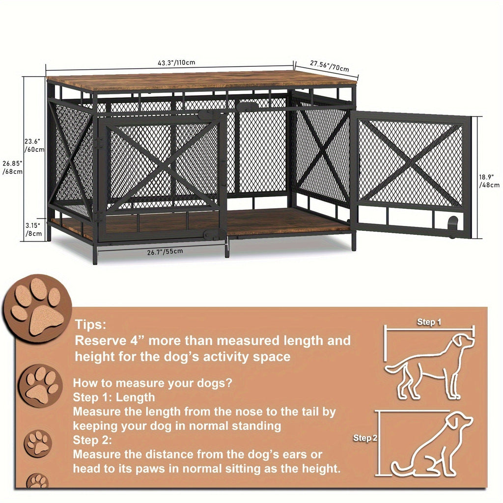 43-Inch Corner Dog Crate Furniture with Vintage Wood-Look Top, Metal Mesh Sides and Side Doors — image 7