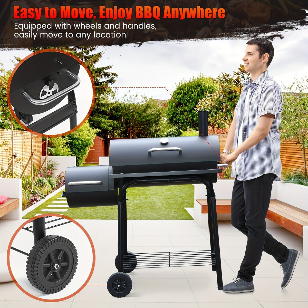 Barrel Charcoal Grill with Offset Smoker, Wheeled Cart, Side Firebox and Two Black Configuration Options — image 4