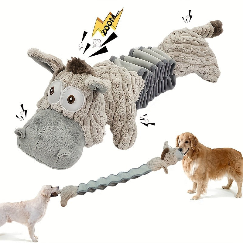 Dog Toy Stretch Donkey Plush Squeaker with Elastic Body, Textured Surface and Rope Ends in Gray White — image 3