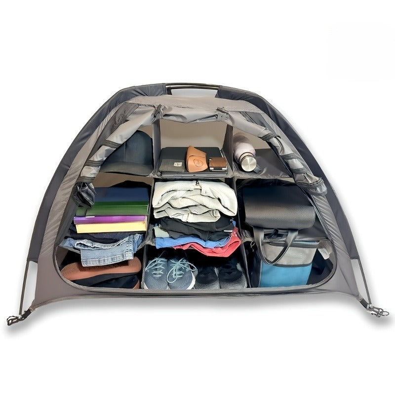 Camping Tent Organizer 9-Shelf with Zippered Flap – Hanging Storage Rack for Shoes, Gear & Dining, Fits Most Tents, Brown & G