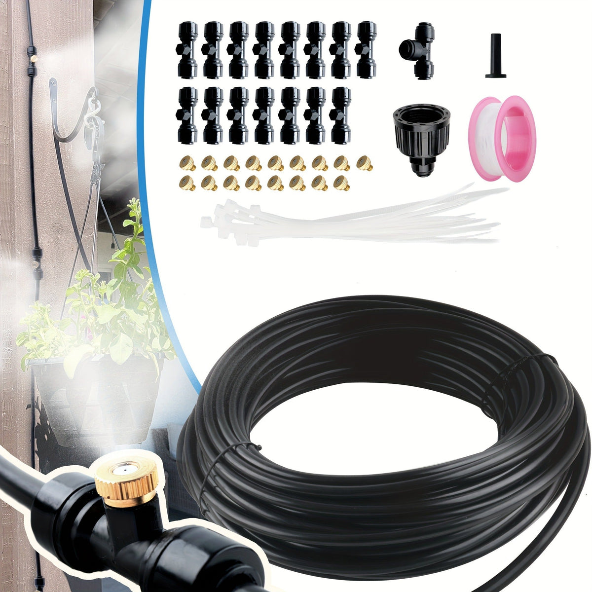 Expandable Garden Hose with Brass Mist Nozzles – Flexible Outdoor Misting Cooling System for Patio, Lawn & Greenhouse (20FT /