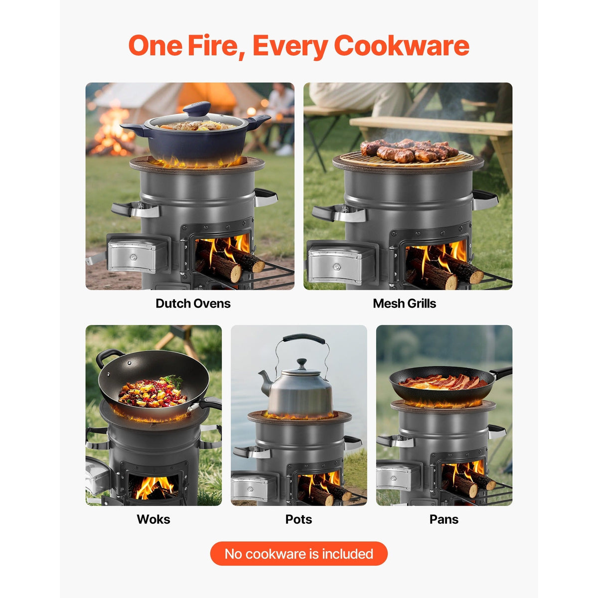 Wood Burning Rocket Stove Portable Camping Stove with Cast Iron Top, Double Door, Fireproof Lining — image 3