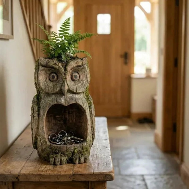 Bird Feeder Hanging Outdoor Rustic Wood Owl-Shaped Plant Pot for Patio Lawn Garden Decor – Open Design Decorative Planter for