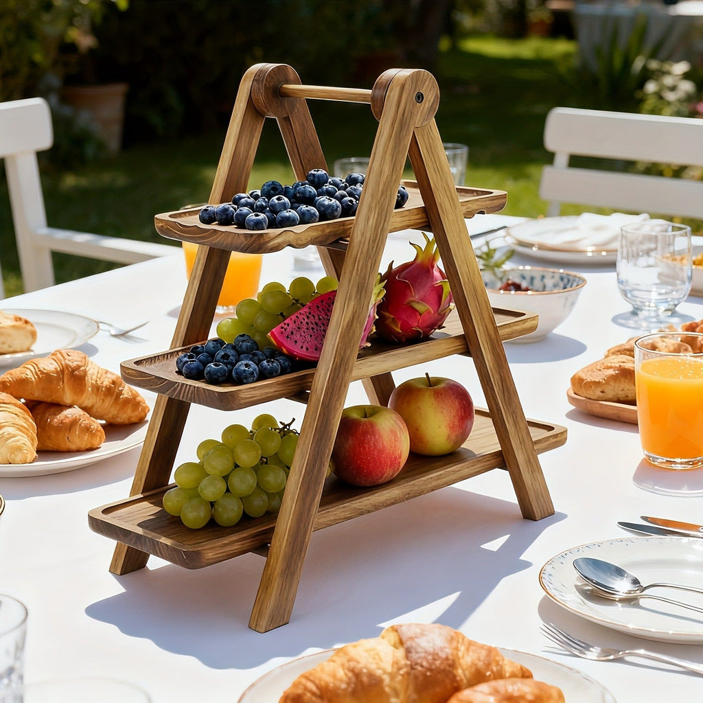 Cake Stand 3 Tier Wooden Serving Tray Farmhouse Dessert Display Cupcake Tower Bread Basket Collapsible Tiered Platter for Wed