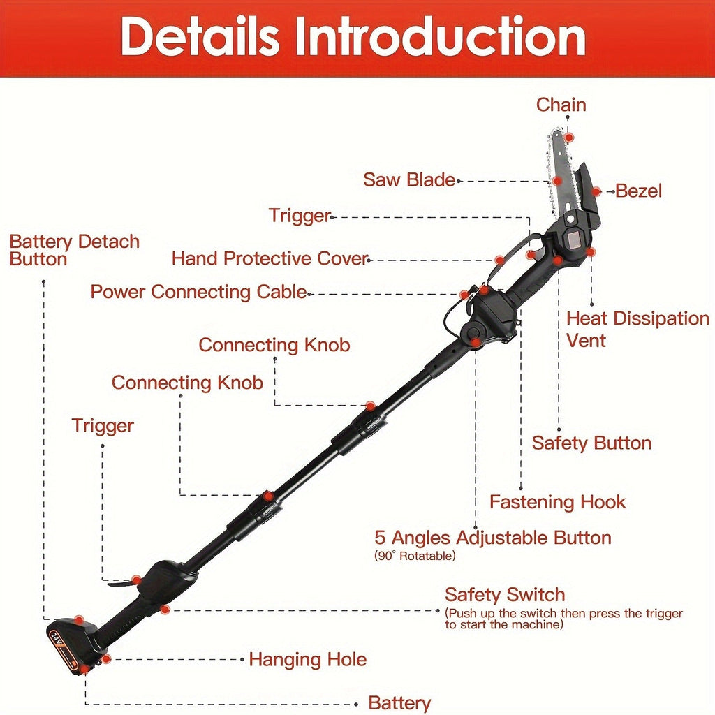 Cordless 4- and 6-Inch Pole Saw with Three Extension Sections, 90° Head, Two Batteries and Two Colors — image 8