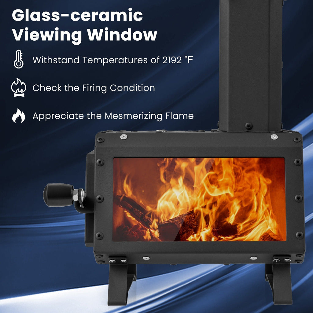 Camp Stove Wood Burning 2-in-1 Outdoor Cookstove & Heater, Carbon Steel, Glass-Ceramic Window, Dual Cooking Positions — image