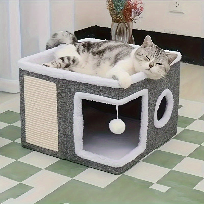Foldable Gray Cat Condo with Top Platform, Scratch Panel, Openings and Four Cube-Style Options — image 13