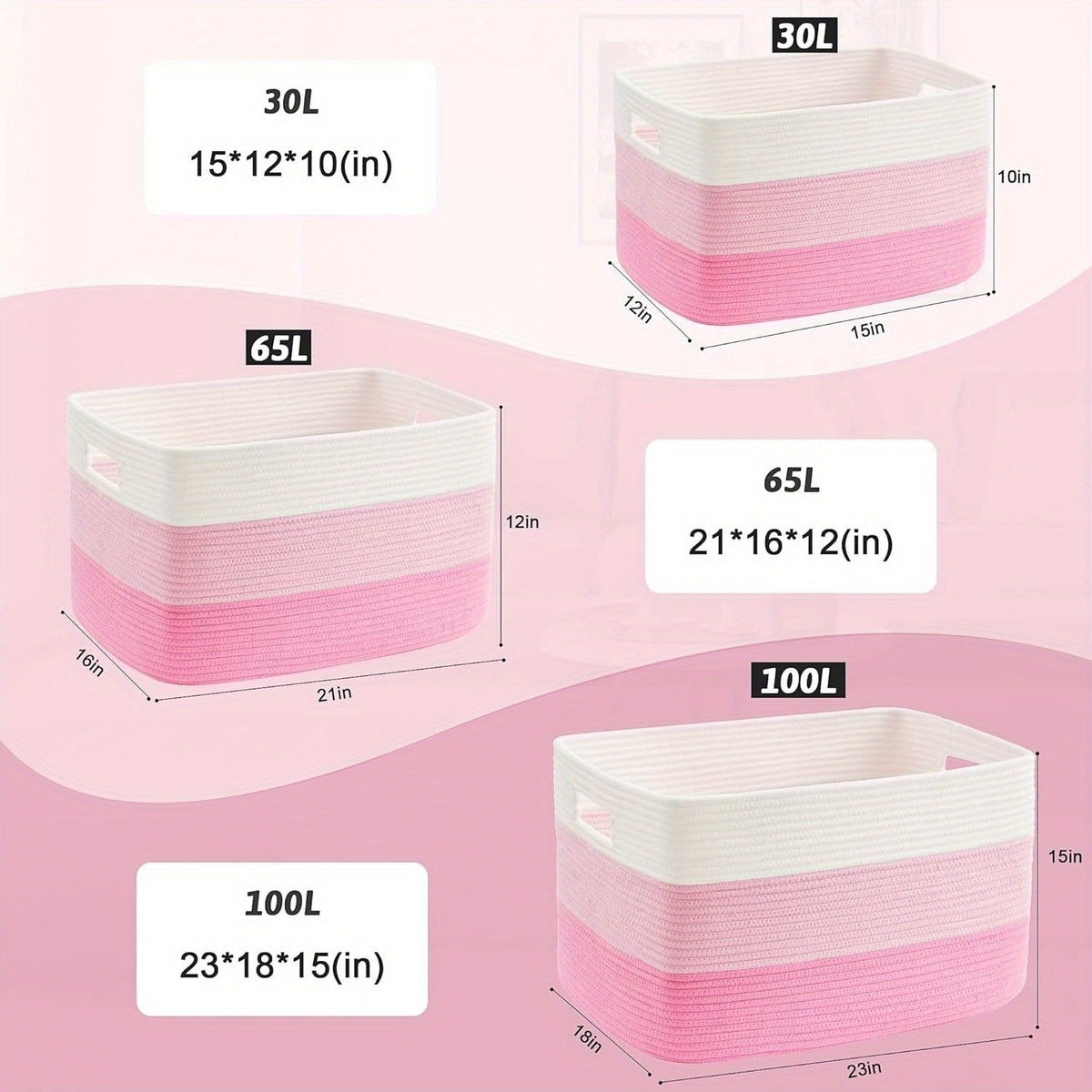Storage Bag, Open-Top Woven Organizer in 30L, 65L or 100L with Handles and Black, Pink, Gray or Blue Options — image 6