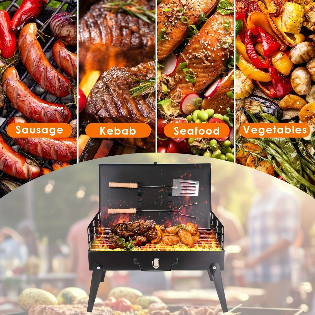 Charcoal Grill Portable BBQ with Hood – Foldable Compact Outdoor Barbecue Grill for Camping Tailgating Picnic Backyard Cookou