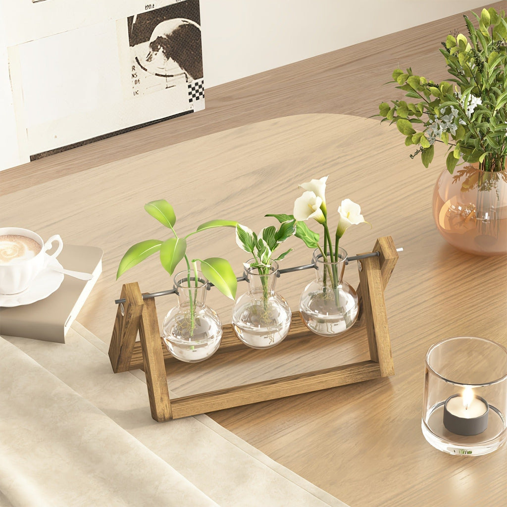 Glass Terrarium Heart Shaped Hydroponic Vase with Wooden Stand – Elegant Plant Propagation Station for Home Decor — image 3