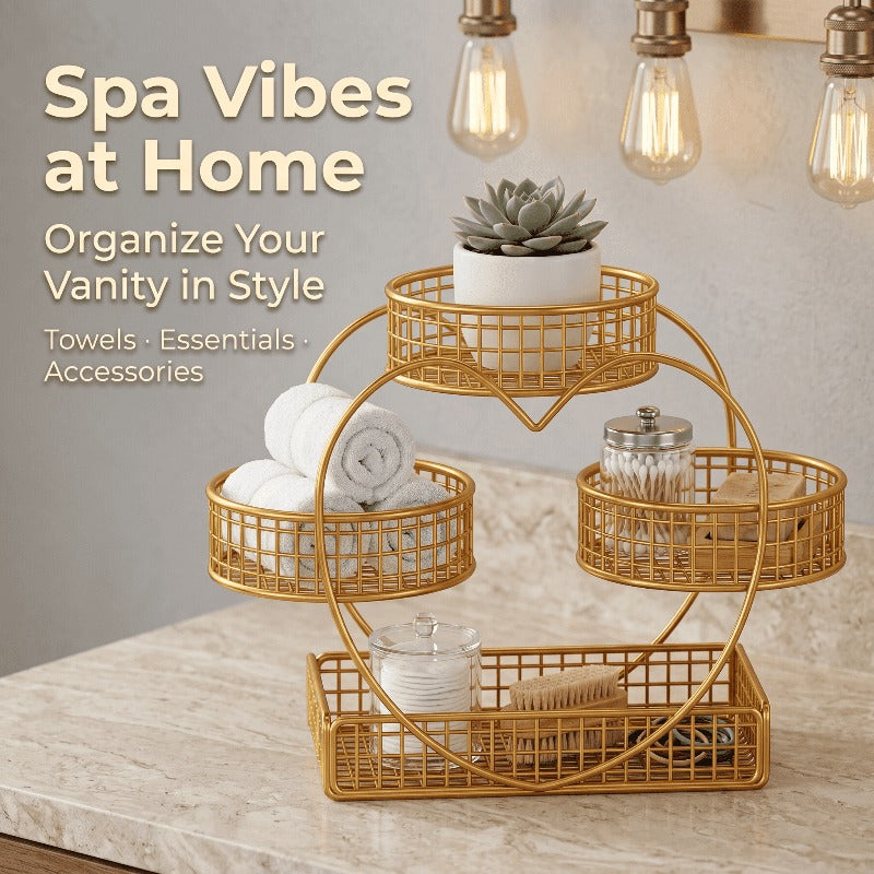 Three-Tier Gold-Tone Wire Fruit Basket with Three Round Bowls and Rectangular Countertop Base — image 3