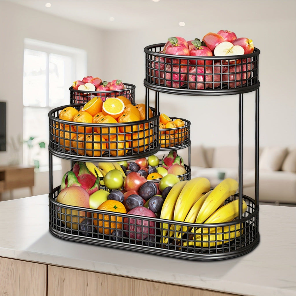 Three-Tier Black Wire Fruit Basket with Staggered Round Bowls and Rectangular Countertop Base — image 3