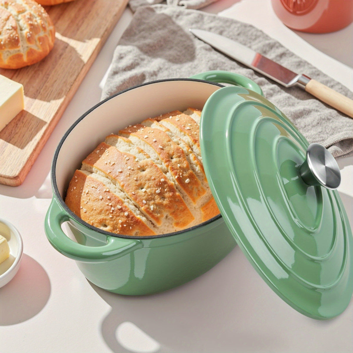 Dutch Oven Enameled Cast Iron 4.5QT with Lid & Dual Handles – Oval Non-Stick Enamel Coating for Bread Baking Soups Stews Brai