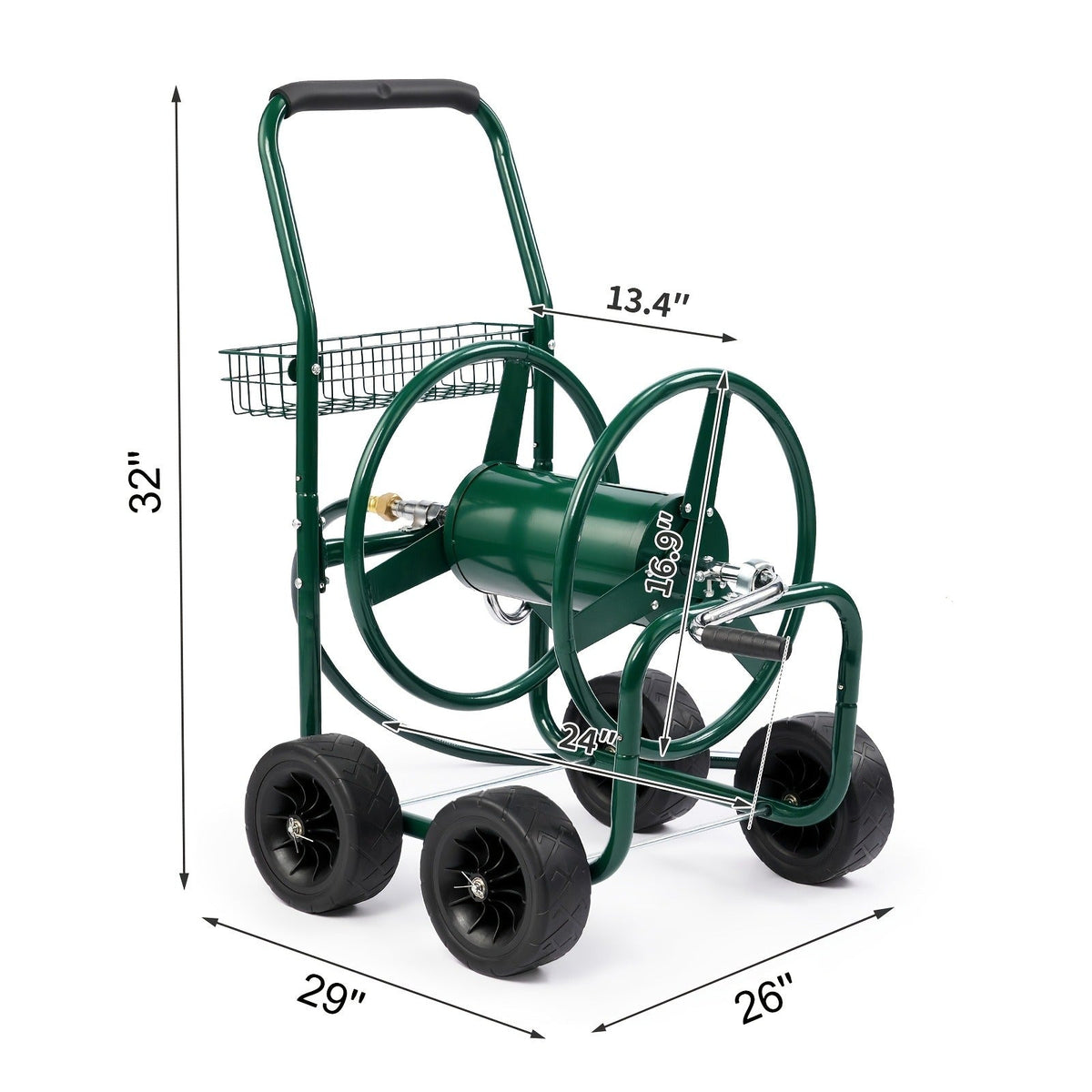 Garden Hose Reel Cart | 250ft Capacity, Heavy-Duty Steel, 4 Wheels & Storage Basket — image 3
