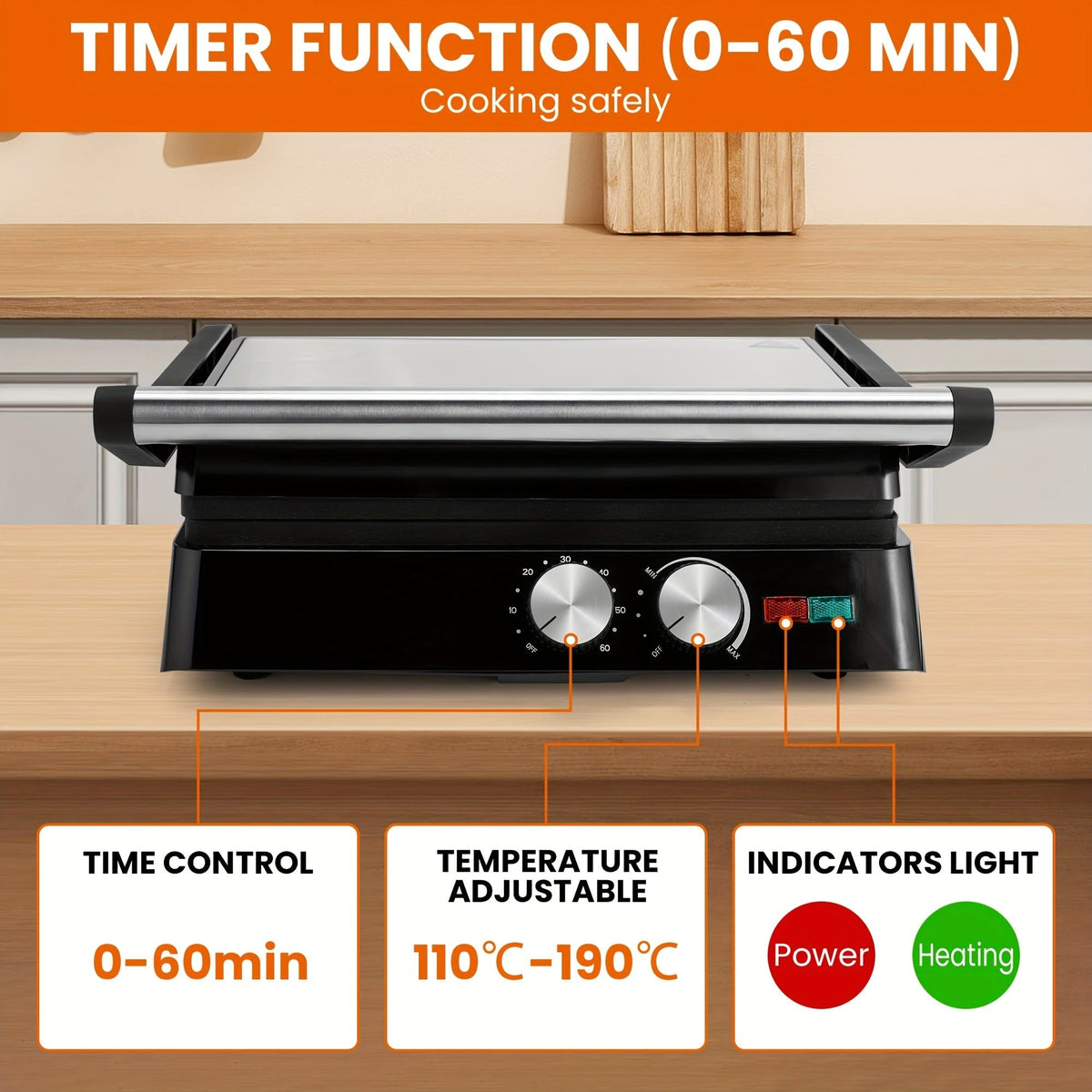 Sandwich Maker 3-in-1 Mini Indoor Grill & Panini Press, Non-Stick 180° Opening, Floating Hinge, 60-Min Timer — image 7