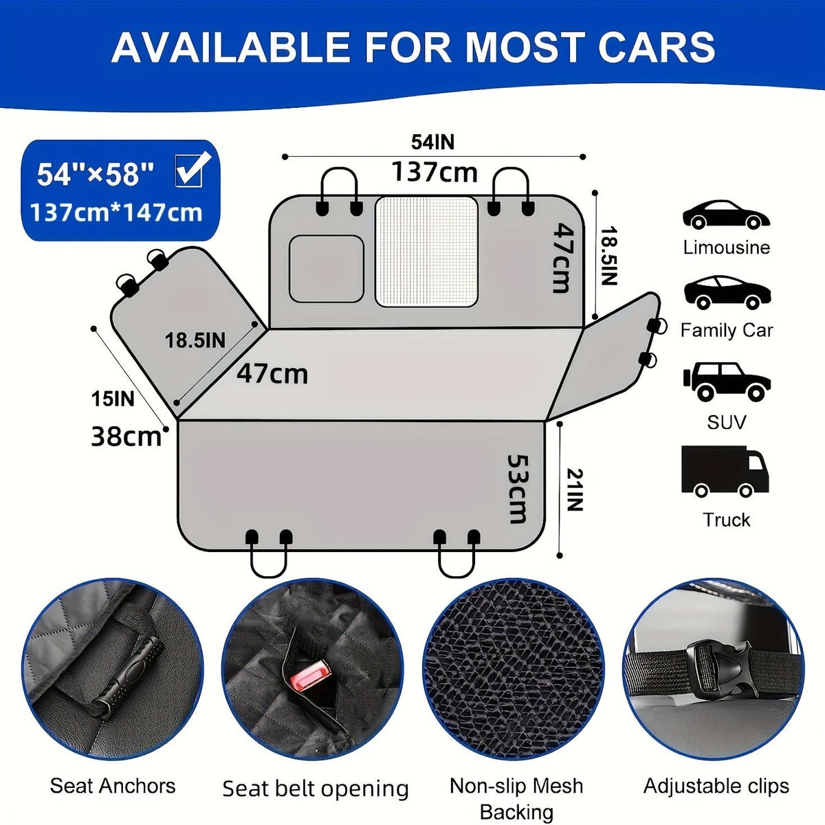 Gray Black Quilted Dog Car Back Seat Hammock with Mesh Window, Storage Pockets and 54 x 58 Inch Fit — image 3