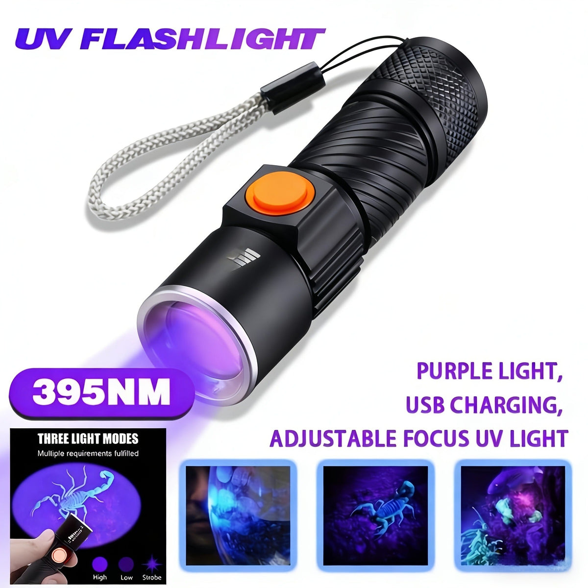 UV Flashlight Black Light 395nm USB Rechargeable - Ultraviolet Torch with 3 Modes for Pet Stain Detection — image 3