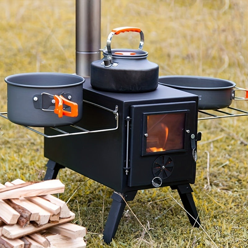 Portable Wood Stove with Chimney Pipe Set, Folding Legs, Side Shelves and Silver or Black Finish Options — image 4