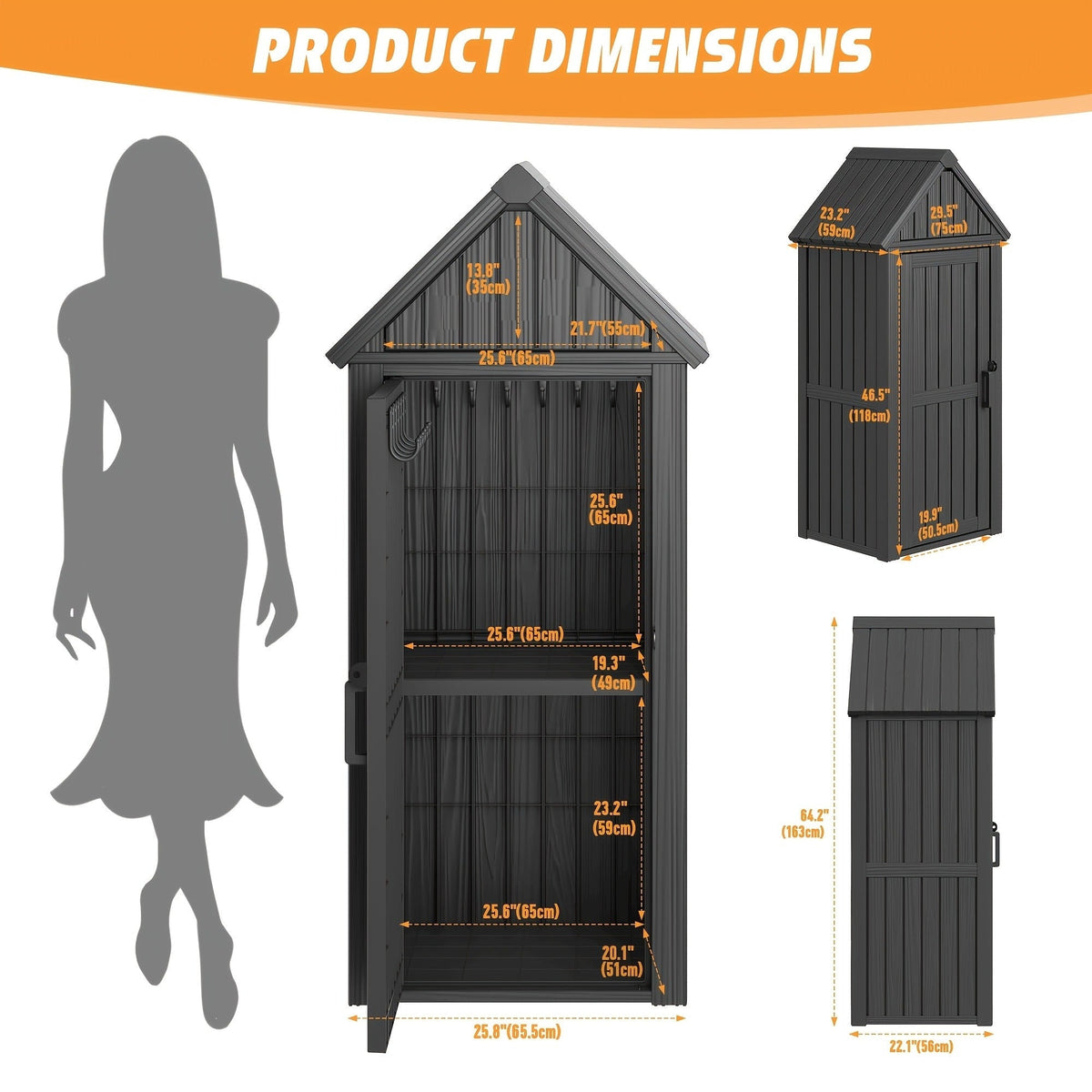 Tall Resin Outdoor Storage Shed with Sloped Roof, Lock-Ready Door and Interior Hooks in Black or Brown — image 3