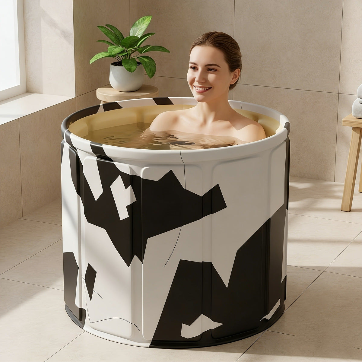 Round Foldable Adult Soaking Tub in Black-and-White Geometric Pattern with Freestanding Support Frame and Drain — image 3