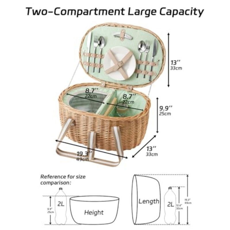 Insulated Wicker Picnic Hamper Set for Two with Cutlery, Ceramic Plates, Glasses and Cheese Board — image 3