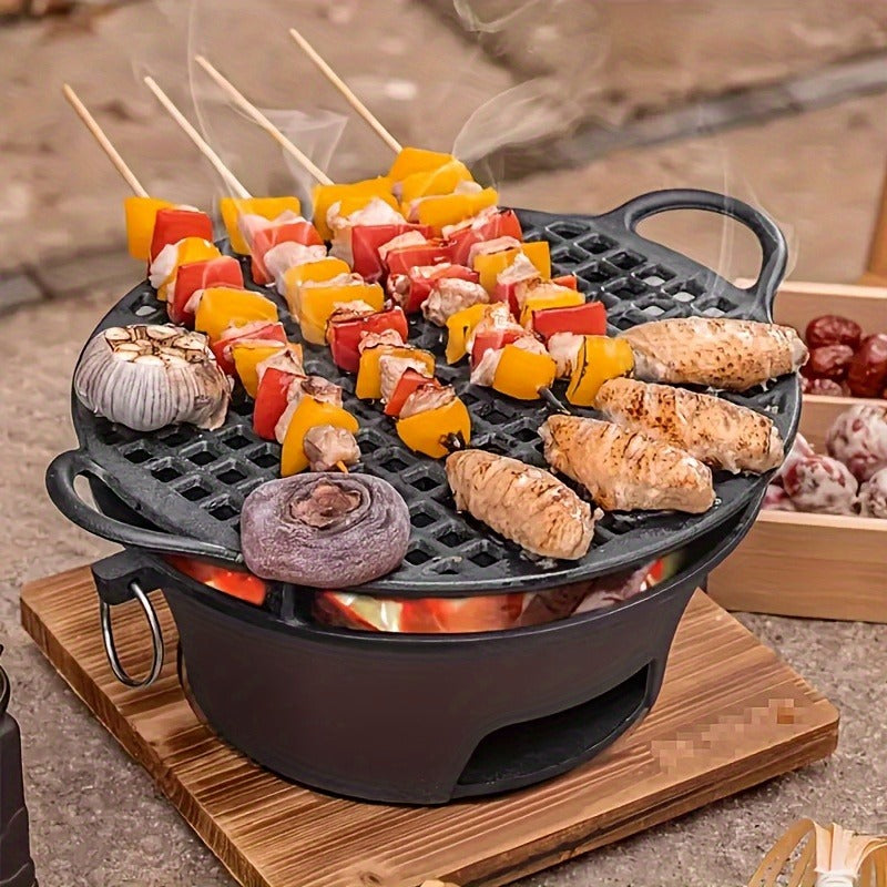 10.6-Inch Round Charcoal Grill Set with Cast-Iron Body, Cooking Grid, Wooden Base and Tongs — image 3