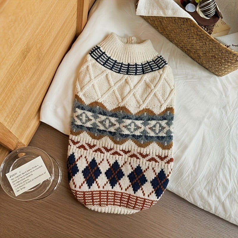 Cable-Knit Dog Turtleneck Sweater with Fair Isle Pattern, Beige or Blue and Five XS–XL Sizes — image 11