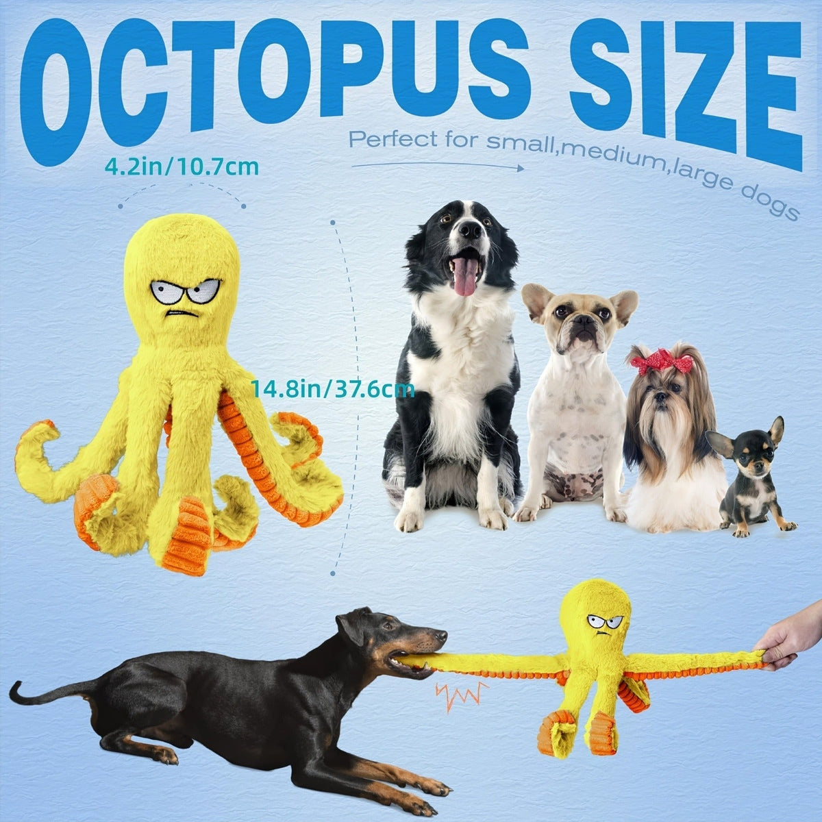 Dog Toy Octopus Plush with Built-In Squeaker and Crinkle Texture in Blue or Yellow with 1, 2 or 4-Pack Options — image 13