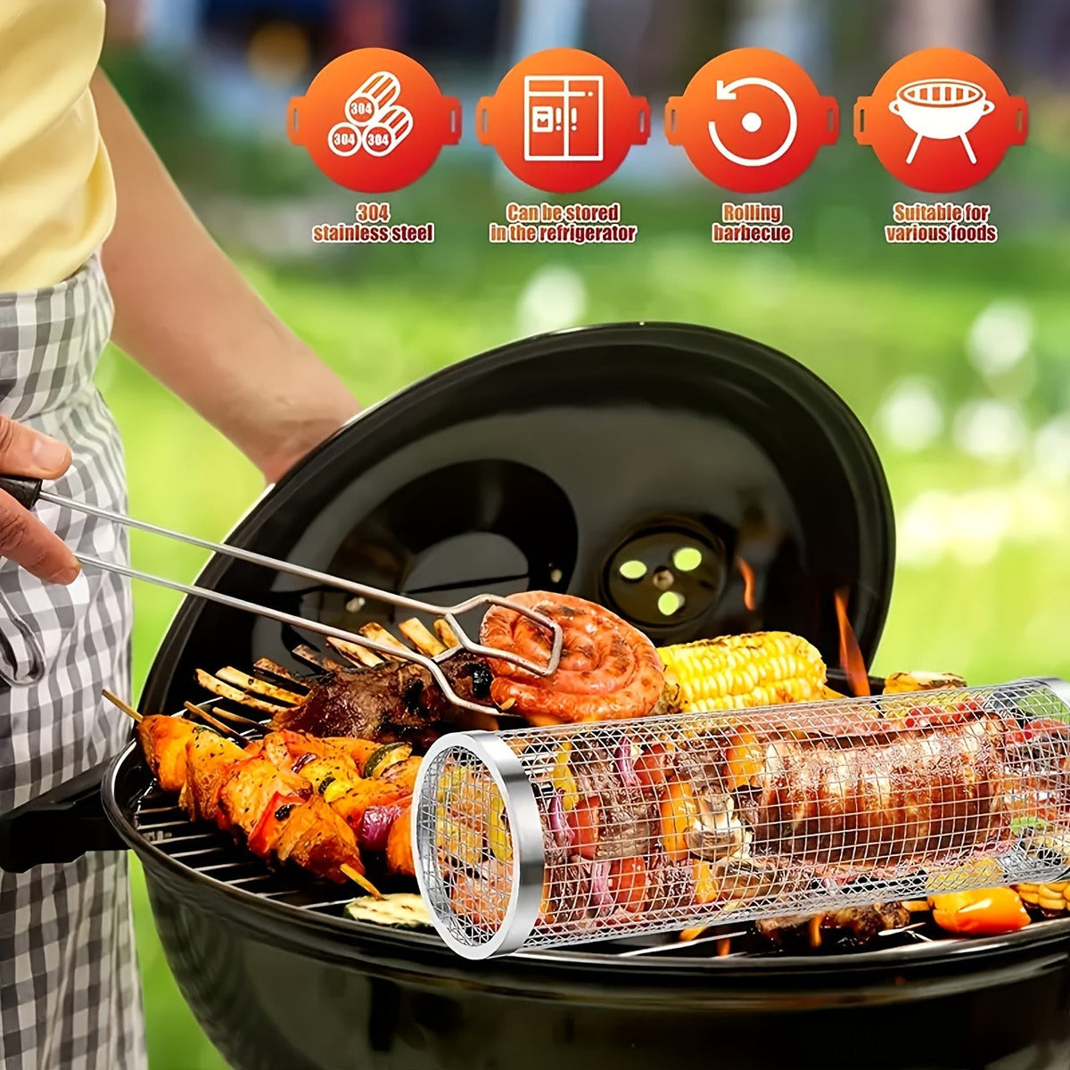 Rolling Grill Basket Stainless Steel 2-Pack, Cylinder BBQ Basket with Hook & Fork for Vegetables — image 3