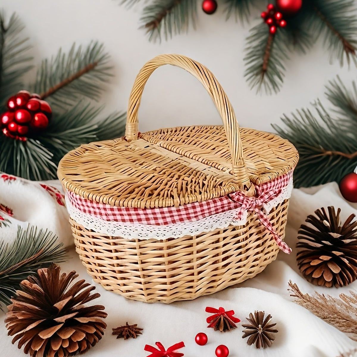 Willow Picnic Hamper Basket with Hinged Lid, Carry Handle and Red Checkered Textile Lining — image 3