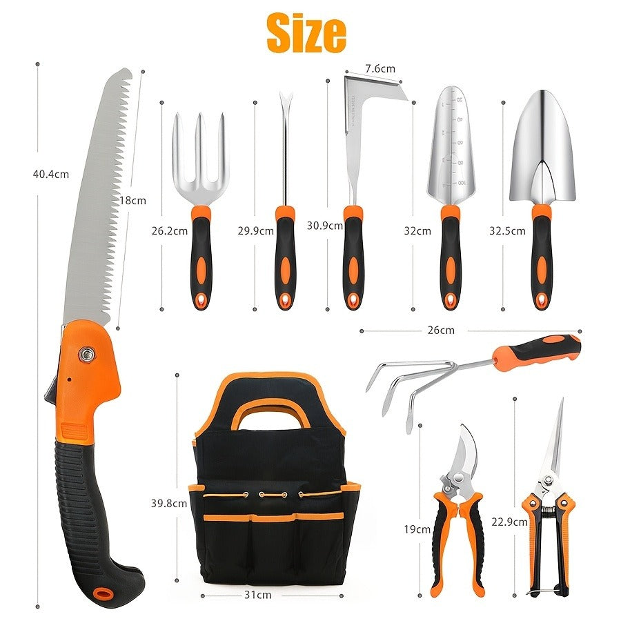 Garden Tool Set 10-Piece | Heavy Duty Stainless Steel Trowel Pruner Rake Weeder with Tote Bag | Ergonomic Non-Slip Grip Garde